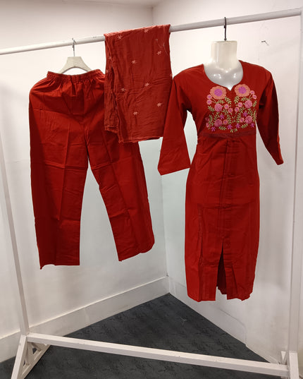 LADIES KURTI SET CODE-A409 Women’s Red Embroidered Straight Kurta with Pant & Dupatta Set | Ethnic 3-Piece Suit Set