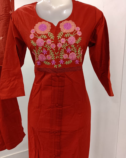 LADIES KURTI SET CODE-A409 Women’s Red Embroidered Straight Kurta with Pant & Dupatta Set | Ethnic 3-Piece Suit Set
