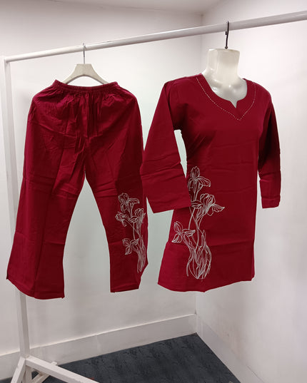 LADIES KURTI SET CODE-A410 Women’s Embroidered Kurta Pant Set | Floral Thread Work Straight Kurti with Wide Leg Pants