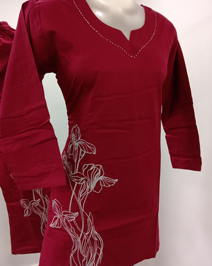 LADIES KURTI SET CODE-A410 Women’s Embroidered Kurta Pant Set | Floral Thread Work Straight Kurti with Wide Leg Pants