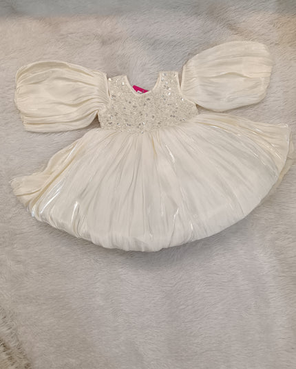 A425 GIRLS FROCK Girls Ivory Sequin Party Dress with Puff Sleeves | Kids Princess Dress