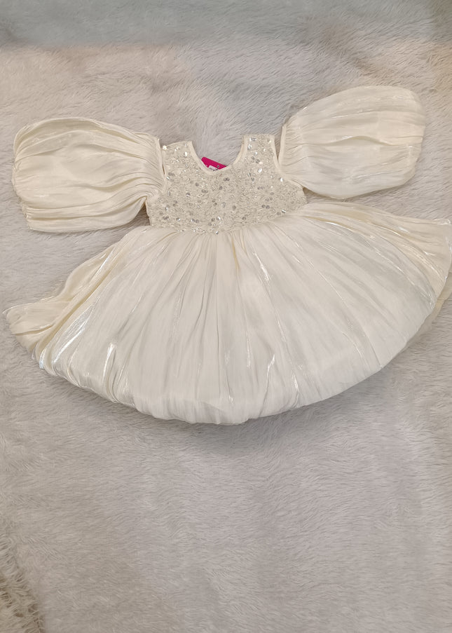 A425 GIRLS FROCK Girls Ivory Sequin Party Dress with Puff Sleeves | Kids Princess Dress