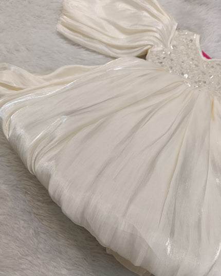 A425 GIRLS FROCK Girls Ivory Sequin Party Dress with Puff Sleeves | Kids Princess Dress