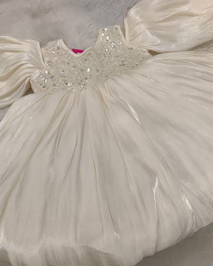 A425 GIRLS FROCK Girls Ivory Sequin Party Dress with Puff Sleeves | Kids Princess Dress