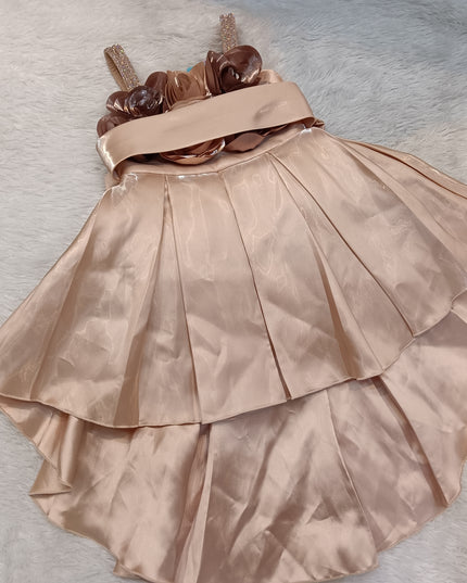 girls frock A-424 Girls Peach Satin Party Dress with Floral Waist Belt | Hi-Low Princess Dress