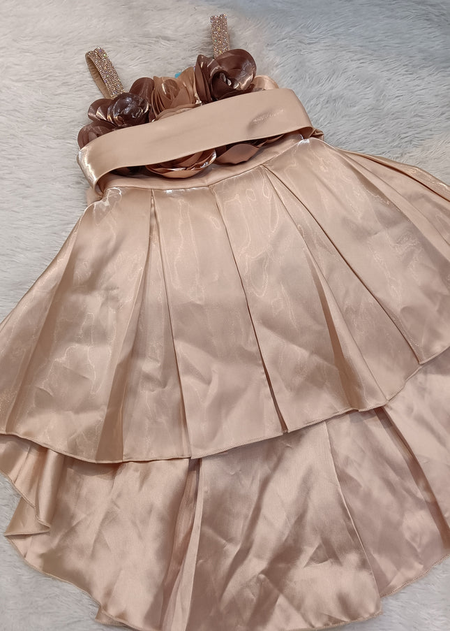 girls frock A-424 Girls Peach Satin Party Dress with Floral Waist Belt | Hi-Low Princess Dress