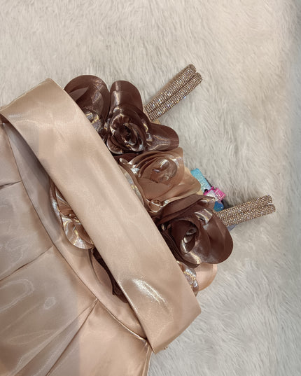 girls frock A-424 Girls Peach Satin Party Dress with Floral Waist Belt | Hi-Low Princess Dress