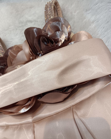 girls frock A-424 Girls Peach Satin Party Dress with Floral Waist Belt | Hi-Low Princess Dress