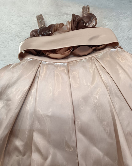 girls frock A-424 Girls Peach Satin Party Dress with Floral Waist Belt | Hi-Low Princess Dress