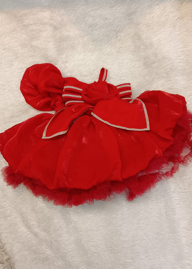 GIRLS FROCK CODE-423 Red Party Wear Dress for Girls | Bow & Rose Design