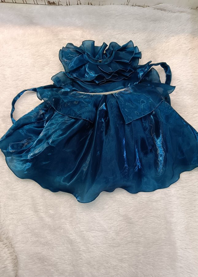 A426 GIRLS FROCK Girls Royal Teal Blue Ruffle Party Wear Frock Dress