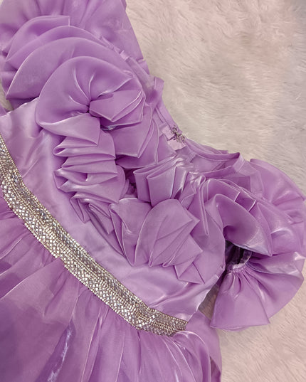 A427 GIRLS FROCK Girls Lavender Princess Party Dress | Floral Ruffle Organza Frock