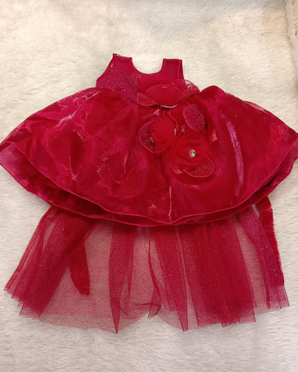 GIRS FROCK A428 Girls Red Party Wear Frock Dress with Glitter Tulle & Floral Design