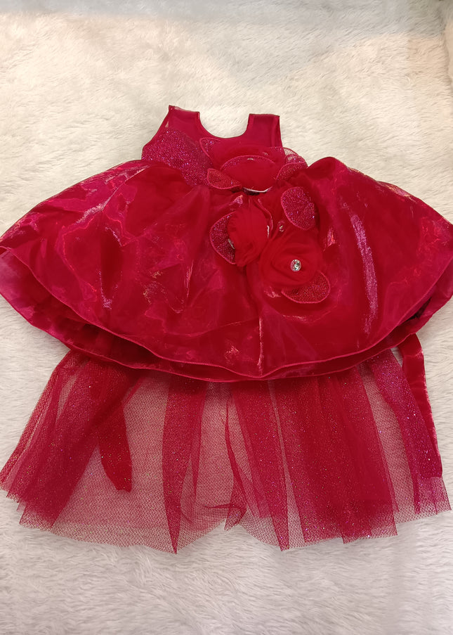 GIRS FROCK A428 Girls Red Party Wear Frock Dress with Glitter Tulle & Floral Design