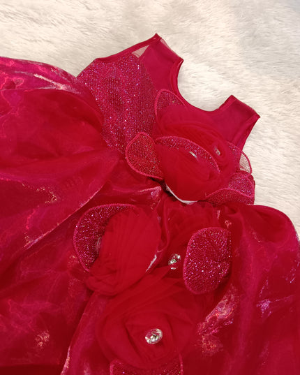 GIRS FROCK A428 Girls Red Party Wear Frock Dress with Glitter Tulle & Floral Design