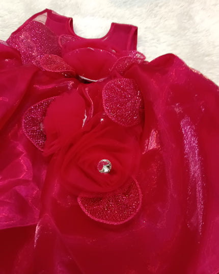 GIRS FROCK A428 Girls Red Party Wear Frock Dress with Glitter Tulle & Floral Design