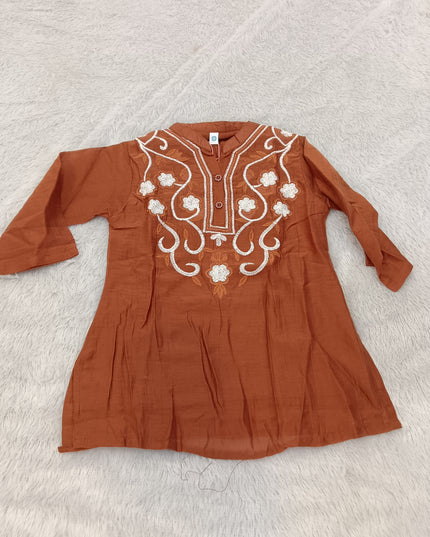 GIRLS TOPS CODE-A420 Girls Rust Brown Embroidered Short Kurti with Mandarin Collar | Stylish Ethnic Top for Kids