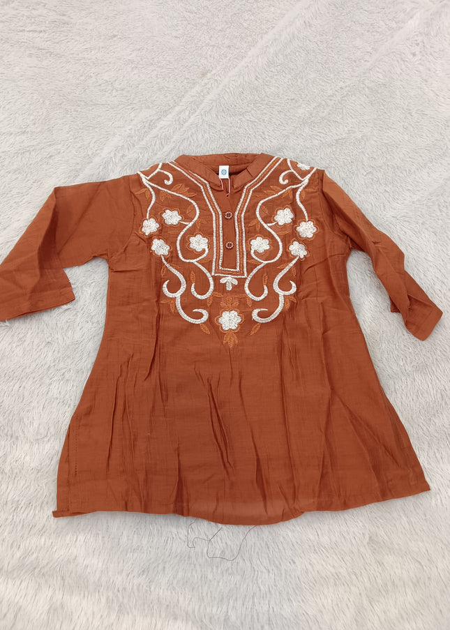 GIRLS TOPS CODE-A420 Girls Rust Brown Embroidered Short Kurti with Mandarin Collar | Stylish Ethnic Top for Kids