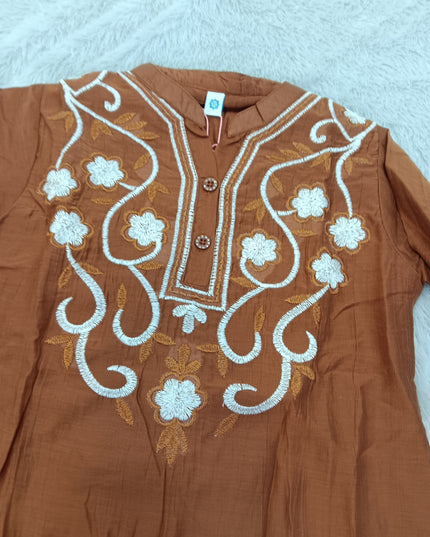 GIRLS TOPS CODE-A420 Girls Rust Brown Embroidered Short Kurti with Mandarin Collar | Stylish Ethnic Top for Kids