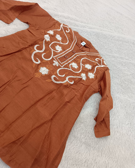 GIRLS TOPS CODE-A420 Girls Rust Brown Embroidered Short Kurti with Mandarin Collar | Stylish Ethnic Top for Kids