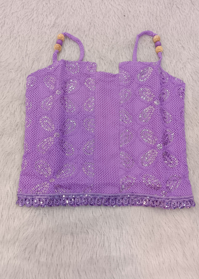 G.TOP A469 Girls Purple Sequin Top – Floral Sleeveless Party Top | He and She