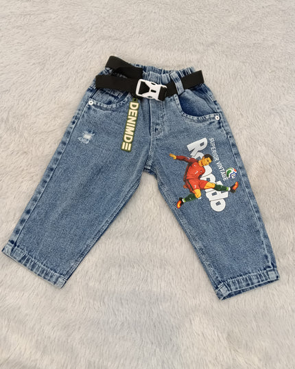 BOYS JEANS A438 Boys Blue Denim Jeans with Soccer Print & Belt | Stylish Casual Jeans