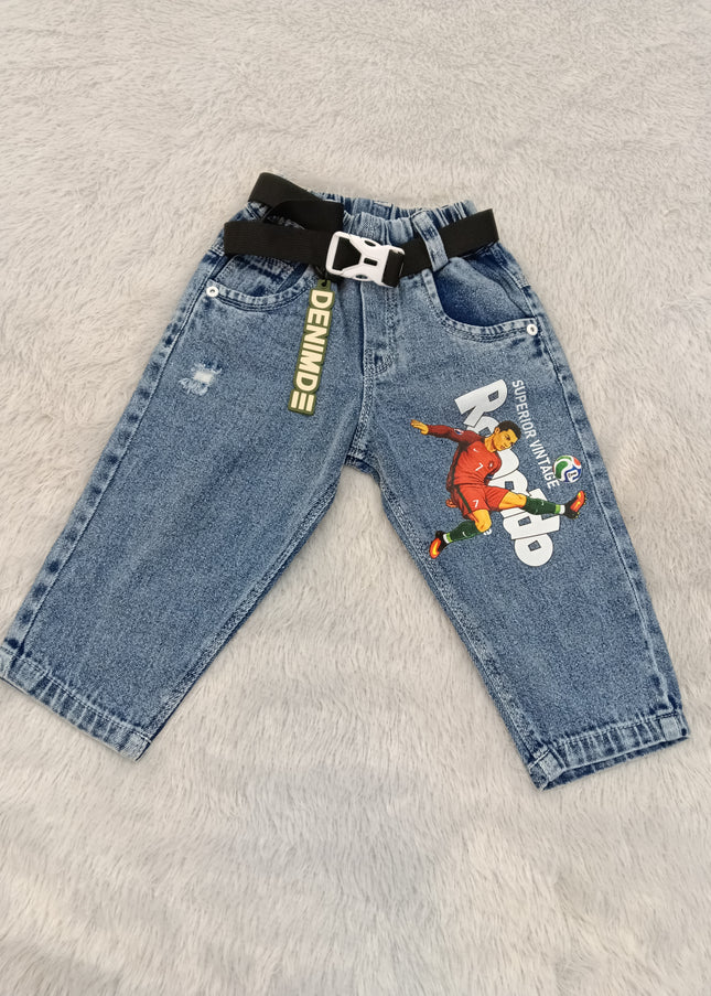 BOYS JEANS A438 Boys Blue Denim Jeans with Soccer Print & Belt | Stylish Casual Jeans