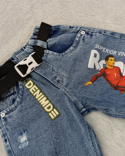 BOYS JEANS A438 Boys Blue Denim Jeans with Soccer Print & Belt | Stylish Casual Jeans