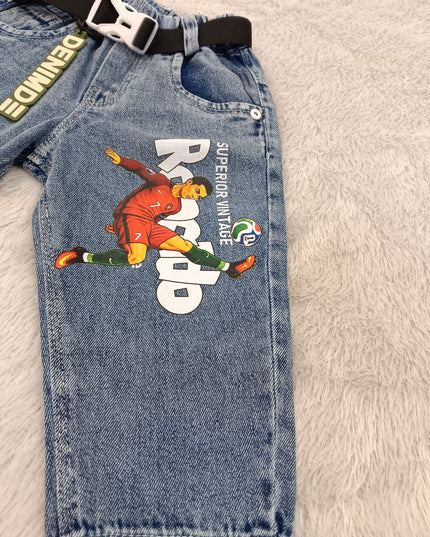 BOYS JEANS A438 Boys Blue Denim Jeans with Soccer Print & Belt | Stylish Casual Jeans