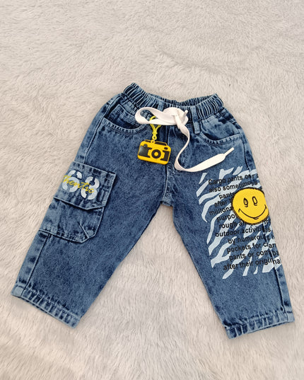 BOYS JEANS A437 Boys Denim Cargo Jeans with Graphic Print & Smiley Patch