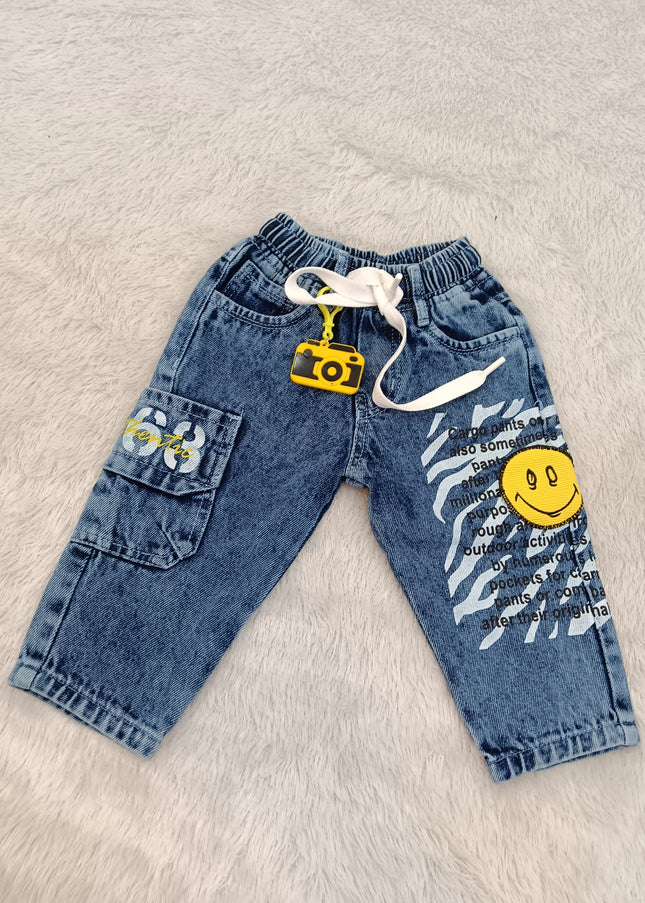 BOYS JEANS A437 Boys Denim Cargo Jeans with Graphic Print & Smiley Patch