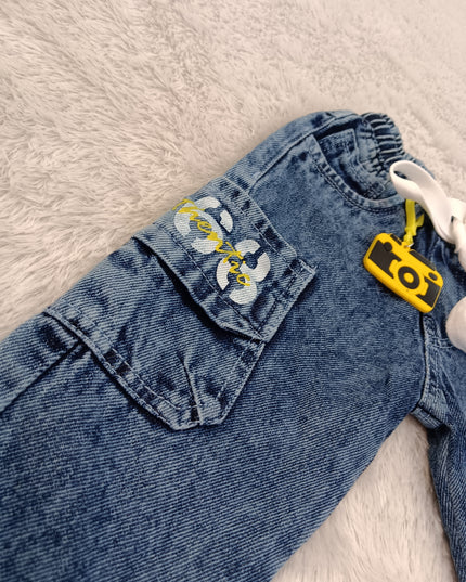 BOYS JEANS A437 Boys Denim Cargo Jeans with Graphic Print & Smiley Patch
