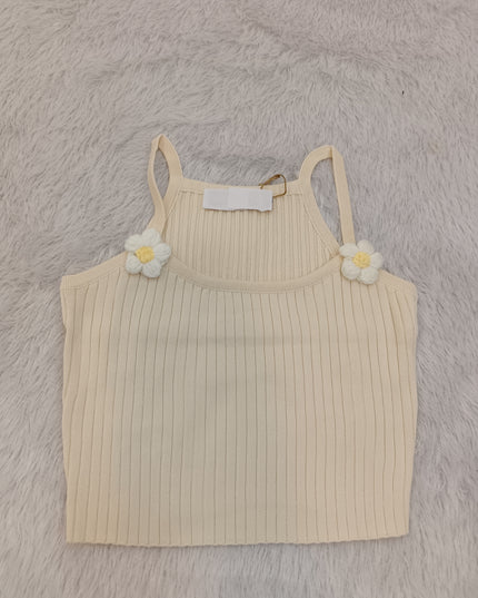 G.TOPS A467 Girls Ribbed Floral Top – Cream Sleeveless Top with Flower Detail | He and She