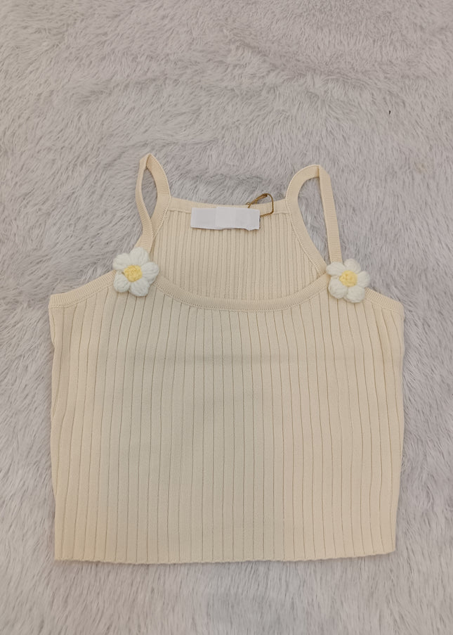 G.TOPS A467 Girls Ribbed Floral Top – Cream Sleeveless Top with Flower Detail | He and She