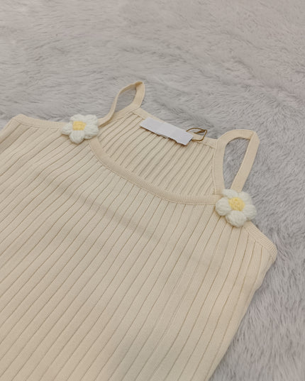 G.TOPS A467 Girls Ribbed Floral Top – Cream Sleeveless Top with Flower Detail | He and She
