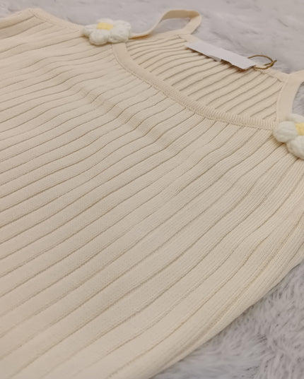 G.TOPS A467 Girls Ribbed Floral Top – Cream Sleeveless Top with Flower Detail | He and She