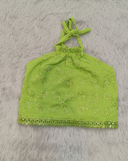 G.TOP A468 Girls Green Crochet Top – Sequin Halter Neck Party Top | He and She