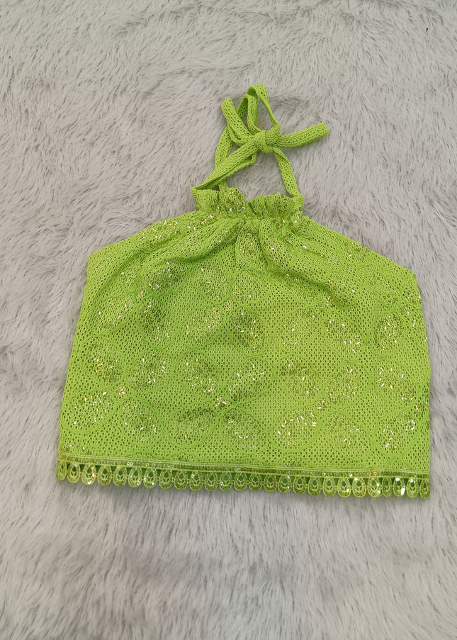 G.TOP A468 Girls Green Crochet Top – Sequin Halter Neck Party Top | He and She