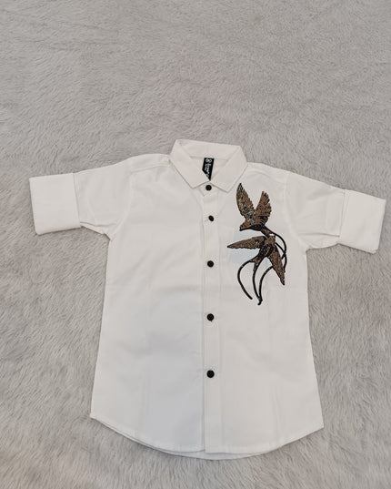 BOYS SHIRT A439 Boys White Shirt with Bird Embroidery | Stylish Full Sleeve Casual Shirt