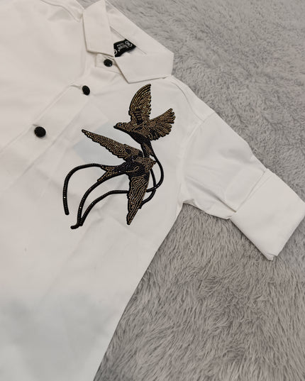 BOYS SHIRT A439 Boys White Shirt with Bird Embroidery | Stylish Full Sleeve Casual Shirt
