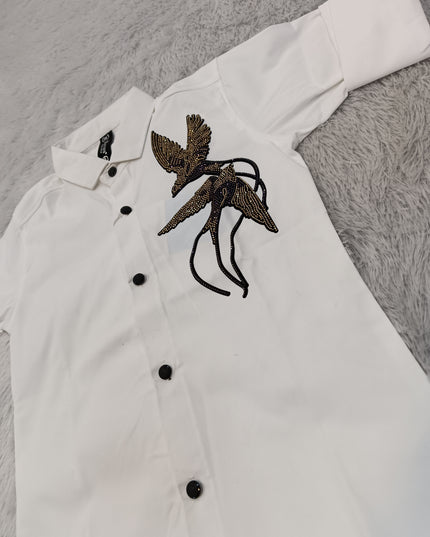 BOYS SHIRT A439 Boys White Shirt with Bird Embroidery | Stylish Full Sleeve Casual Shirt