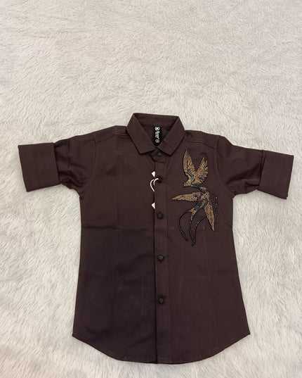 BOYS SHIRT A439 Boys White Shirt with Bird Embroidery | Stylish Full Sleeve Casual Shirt