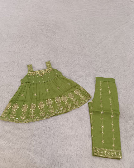 GIRLS GHARARA SET CODE-A419 Girls Olive Green Embroidered Gharara Palazzo Set | Ethnic Festive Wear