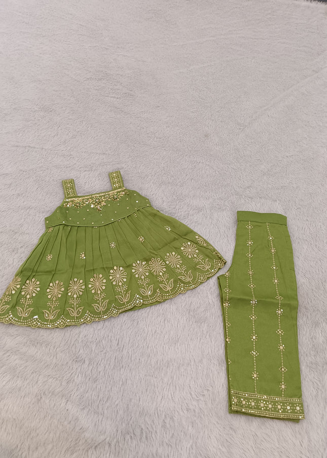 GIRLS GHARARA SET CODE-A419 Girls Olive Green Embroidered Gharara Palazzo Set | Ethnic Festive Wear