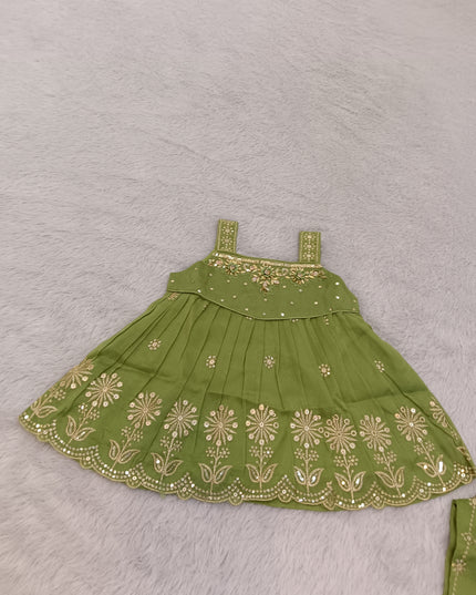 GIRLS GHARARA SET CODE-A419 Girls Olive Green Embroidered Gharara Palazzo Set | Ethnic Festive Wear
