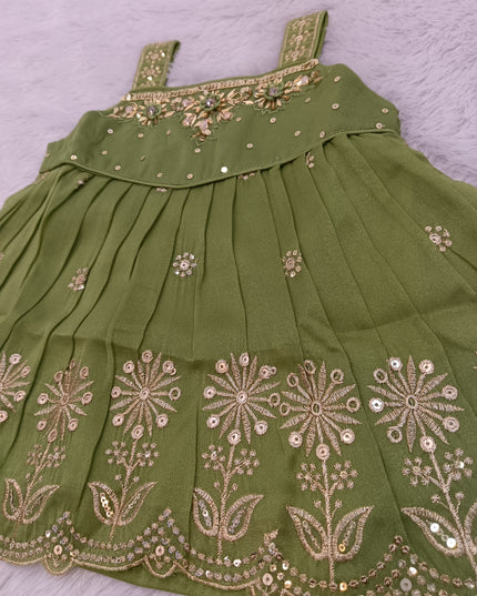 GIRLS GHARARA SET CODE-A419 Girls Olive Green Embroidered Gharara Palazzo Set | Ethnic Festive Wear