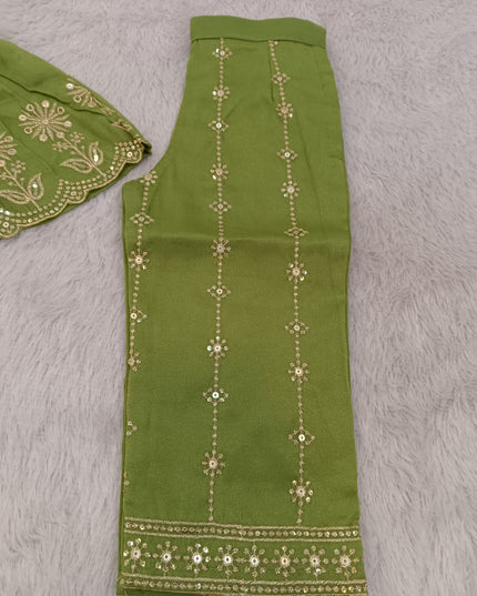GIRLS GHARARA SET CODE-A419 Girls Olive Green Embroidered Gharara Palazzo Set | Ethnic Festive Wear