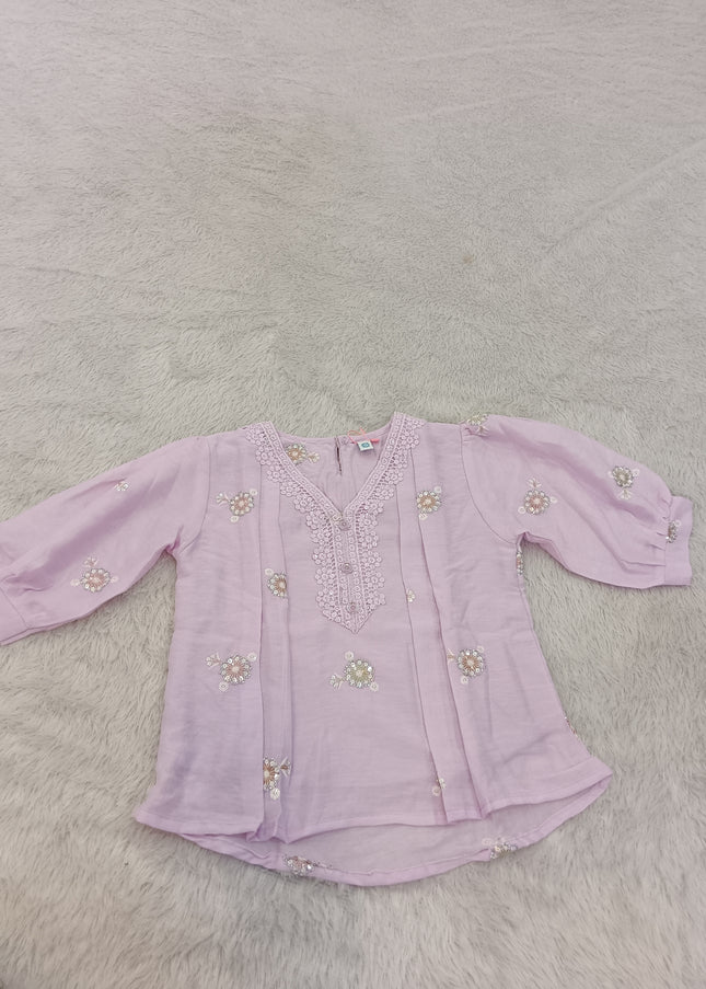 GIRLS TOPS CODE-A421 Girls Lilac Embroidered Floral Top with Lace Neckline