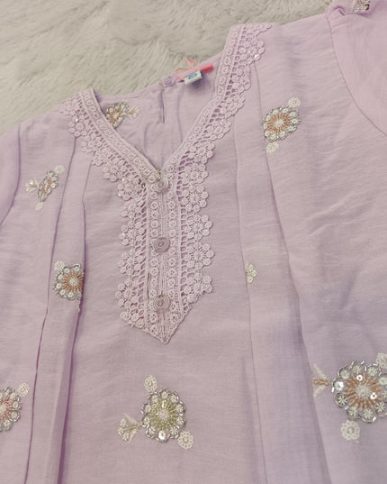 GIRLS TOPS CODE-A421 Girls Lilac Embroidered Floral Top with Lace Neckline