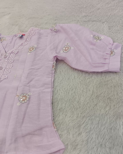 GIRLS TOPS CODE-A421 Girls Lilac Embroidered Floral Top with Lace Neckline